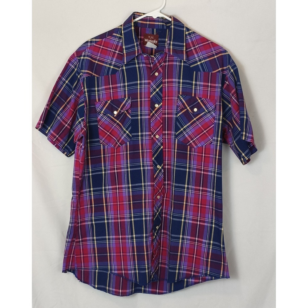 VTG Wrangler Womens L Plaid Western Pearl Snap Short Sleeve Shirt Rodeo‎ Cowgirl
